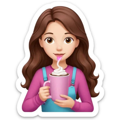 menina branca com cabelos castanhos longos ondulados com xícara rosa na frente com chocolate quente, com blusa de alça fina sticker