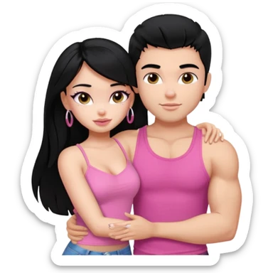 a pretty bratz fair girl. black hair, wearing a pink cami top, she is hugging a handsome fair guy with black hair. lean but muscular.the boy is wearing a black tshirt sticker
