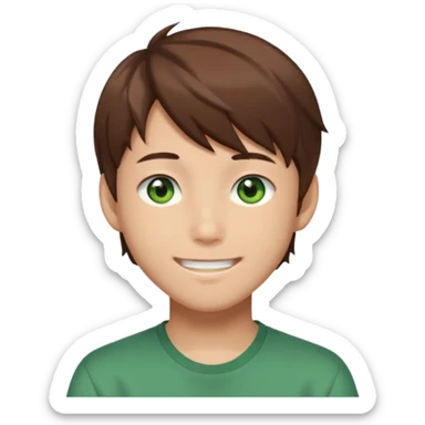Discord emoji. the face of an Anime asian style teen boy with brown hair, green eyes, looking smiling slightly sideways positioned. Face must be main filling of the frame.  128px sticker