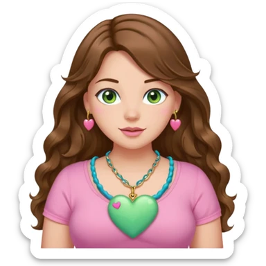 Girl girl long wavy brown hair, green/blue/gold eyes, plus size, pink girly top, pink heart necklace sticker