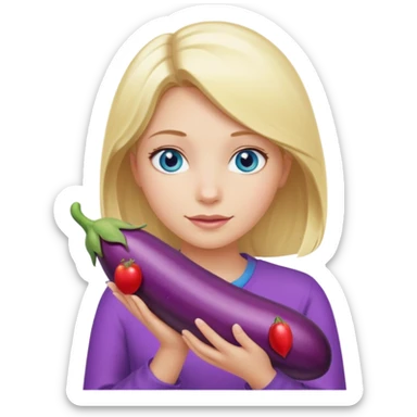 Blonde long hair girl, blue eyes, holding a long eggplant with both hands sticker