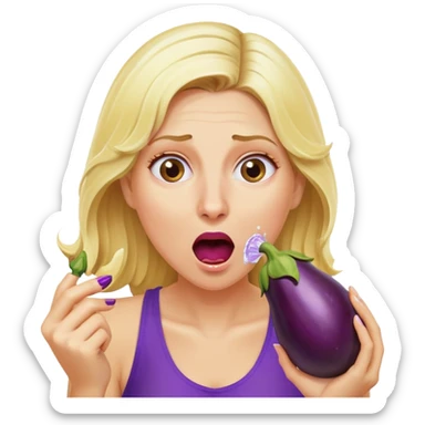 blond woman biting an aubergine, water jet coming out of the eggplant, shocked expression sticker