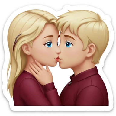 kiss-kiss boy and girl blue eyes and blond hair cloth burgundy color sticker