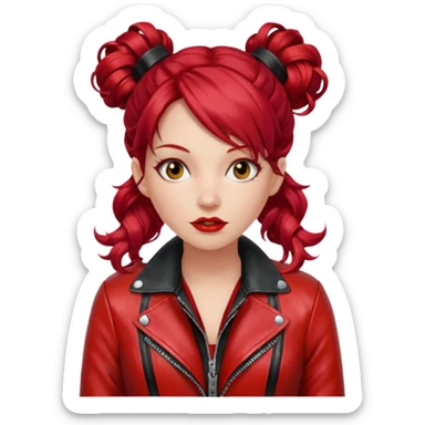 A woman with strikingly long, wavy, vibrant red hair, which is styled with two small buns on top of her head. She is wearing a shiny red leather jacket over a red top with a black patterned trim. She's gagged sticker