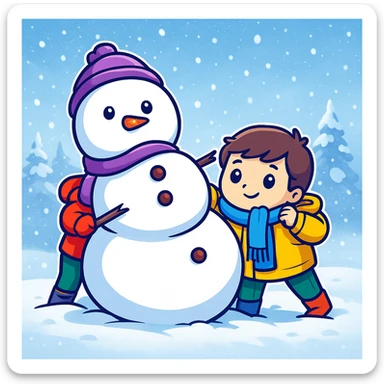 Add a snowy background behind the kids building a snowman, keep the original sticker style sticker
