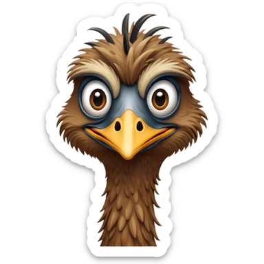 Cinematic Comical Emu Portrait Emoji, Head tilted dramatically with an exaggeratedly amused expression, featuring a striking, textured brown plumage with a comically small head and wide, expressive eyes full of playful disbelief, Simplified yet hilariously expressive features, highly detailed, glowing with a slightly sassy glow, high shine, dramatic yet playful, stylized with an air of cheeky outback mischief, bright and endearing, soft glowing outline, capturing the essence of a spirited and over‐the‐top emu, so meme‐worthy it feels like it could squawk its way into internet fame instantly! sticker