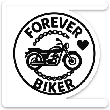 circular transparent background design for motorcycle cap, text 'FOREVER BIKER', motif: chain, motorcycle, heart, friendly style sticker