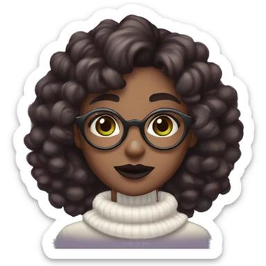 kawaii woman, green eyes, dark brown hair, super curly pigtails, white turtleneck, dark skin color, glasses, dark plum lipstick on full lips, hype expression. sticker