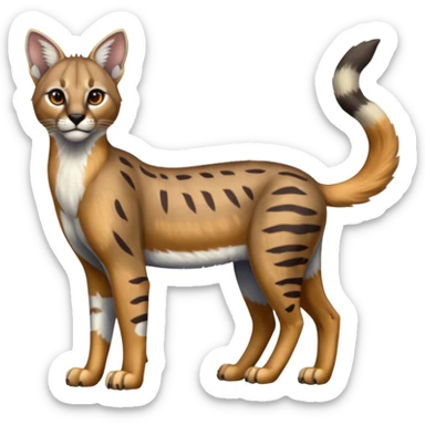 Realistic patterned marked edgy greyish blackish whitish silvery coppery Shiny Colorful Glossy Genet-Caracal-Lion-Bobcat-fusion-animal-hybrid-creature, full body, tufted ears, long thin tufted tail sticker
