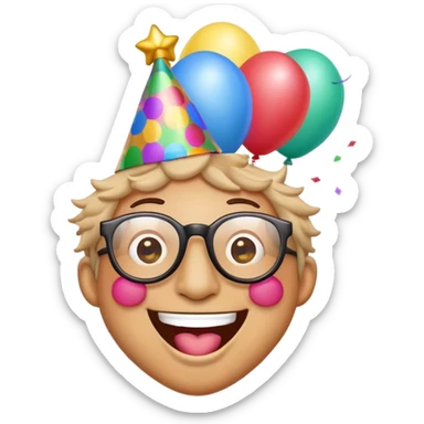 Create a funny emoji that combines a laughing face with a silly hat and oversized glasses. The emoji should look like it's having a great time at a party, with confetti and balloons in the background. Make it colorful and playful sticker