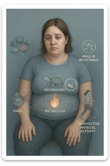 Donna tra i 25 e i 35 anni con fisico leggermente gonfio e postura affaticata, seduta con sguardo stanco. In trasparenza sul suo corpo, si vedono elementi simbolici: una fiamma metabolica molto piccola nel centro dell’addome, una tartaruga accanto a un simbolo di orologio rallentato, indicatori visivi di insulino-resistenza e squilibri ormonali. Intorno a lei: cibo sano non digerito bene, attività fisica poco efficace. Colori spenti attorno al corpo, con toni freddi e lentezza visiva. Stile realistico con elementi infografici e simbolici integrati sticker
