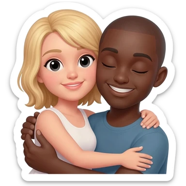 Black man with shaved head hugging blonde woman sticker