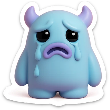 monster with big teary eyes, drooping mouth, tears streaming down its face, soft blue and purple colors, toy-like vinyl figure style sticker