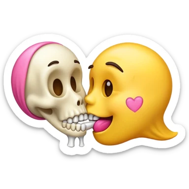 kissing emoji with a yellow bone in its mouth, bone has a pink tip sticker