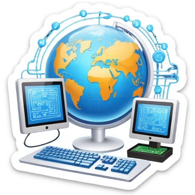 An icon featuring a computer monitor displaying code, a globe with network nodes, and a circuit board, symbolizing IT. The design includes data streams, cloud storage, and a keyboard, representing digital innovation, connectivity, and problem-solving. Transparent background sticker