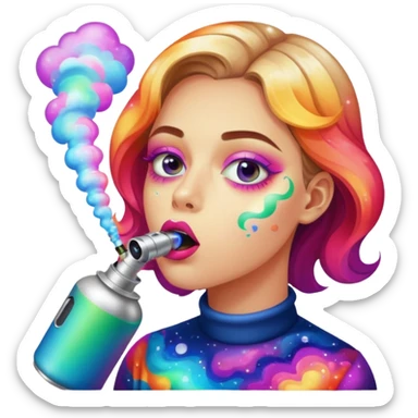 Emoji-style face inhaling from Galaxy Gas nitrous oxide canister, mouth on nozzle, kaleidoscope psychedelic eyes, colorful vapor swirling sticker
