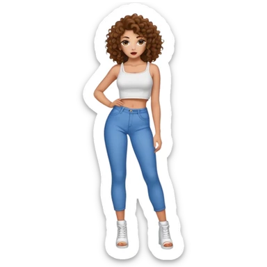 Full body teenage girl with curly brown hair, heavy makeup, big lips, crop top and choni style clothing sticker