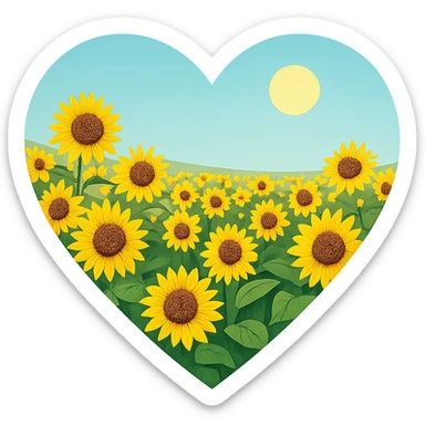 heart with a summer sunflower field, clean digital illustration sticker
