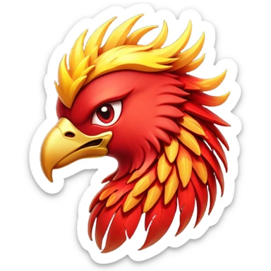 Cinematic Battle-Hardened Mystical Fire Phoenix Portrait Emoji, head bowed slightly in a moment of raw resilience, revealing a form etched with the wear of relentless conflict. Ragged, scorched plumage and half-closed, determined eyes speak to battles fought and won. Rendered with authentic detail and dramatic natural light that accentuates every scar and burn, high shine, this portrayal blends vulnerability with hardened strength, outlined in a soft glow that captures the essence of a phoenix tempered by the fires of combat. sticker