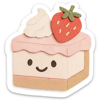 cute strawberry cake with whipped cream, smiling face, kawaii, soft light, hand-drawn look sticker
