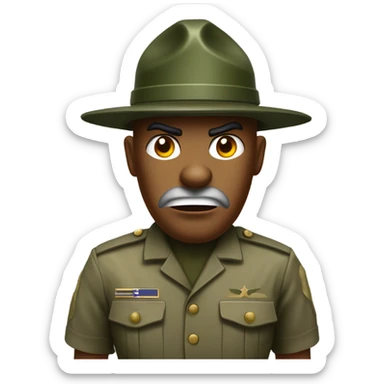 drill sergeant character wearing a classic sergeant hat and a camouflage army shirt. The character should have an angry intense expression. full torso sticker