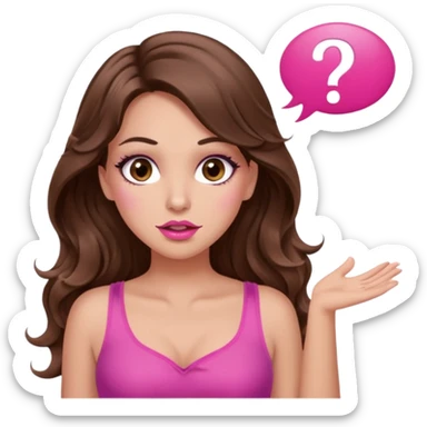 girl with long wavy brown hair, brown eyes, long lashes makeup, sexy pink lips, light to medium complexion, wearing a pink sexy top, shugging, question mark one speech bubble sticker