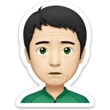 Seong Gi-hun : age 60, skinny and bony face, small mouth, unkempt black hair and tired eyes, Green player tracksuit. sticker