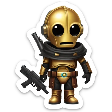 battle rough and tough bounty hunter c3Po wearing Satan’s leather outfit with guns and flat-brimmed hat on head. walking happy sticker