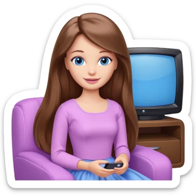 beautiful barbie girl with long brown hair, blue eyes and wearing light purple clothes watching tv sticker