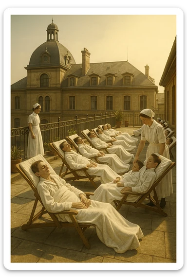 A realistic, historical cinematic illustration of a hospital rooftop solarium from the early 1900s, with patients in white robes and blankets lying on lounge chairs under the sun, receiving heliotherapy. Nurses in classic white uniforms and caps assist quietly, while the warm sunlight bathes the scene. The architecture is vintage, with iron railings, potted plants, and the backdrop of an old European hospital building. The atmosphere is calm and healing, showing patients with tuberculosis, rickets, and malnutrition benefiting from the sun’s rays to stimulate vitamin D production. The color palette is warm, with soft yellows and gentle sunlight, evoking a sense of hope and natural healing, reminiscent of historical black-and-white photographs with subtle colorization for realism sticker