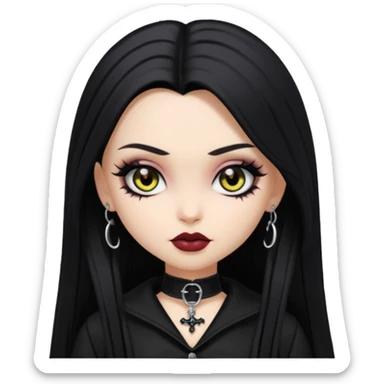 goth bratz baddie, beautiful hazel eyes, long black gothic hair styled, black goth clothes sticker
