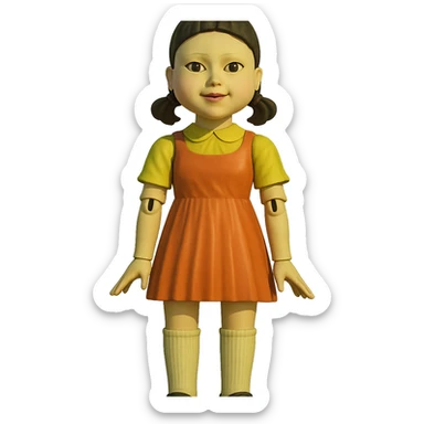 Squid Game series, iconic red light green light doll, standing, eerie smile sticker