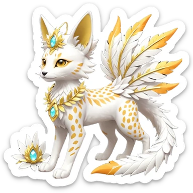 Epic complex fantasy glorious detailed futuristic divine godly angelic feathery sunny, white, albino, pastel, golden, orange glowing sparkly, realistic Fakémon-Sprigatito-Floragato-Meowscarada-Trico-Sergal-Serval-Solgaleo-Vernid-creature (full body) solarpunk, shiny sparkly with gold wreaths sticker