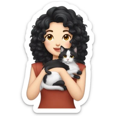 white women with black and curly hair who is cuddling a siberian neva masqueradecat sticker