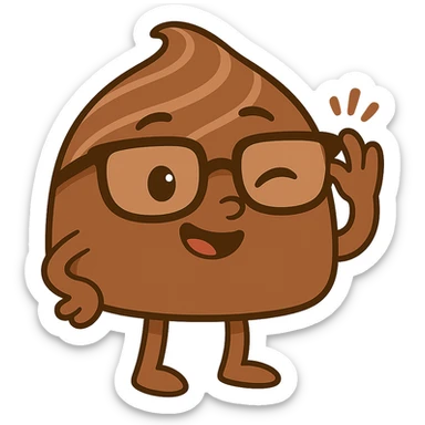 Add movements or interactions to the chocolate truffle with glasses in a cartoon style with transparent background. Include actions like raising a hand, winking an eye, or moving the glasses, keeping the playful and cute chibi sticker style. sticker