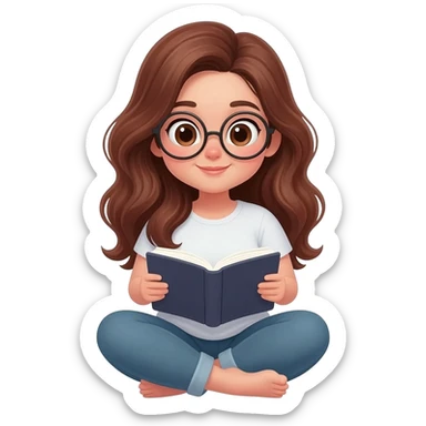 detailed emoji illustration of a curvy woman with long chestnut brown wavy hair, big light brown eyes and round glasses, sitting cross-legged and reading a book, cute emoji style sticker