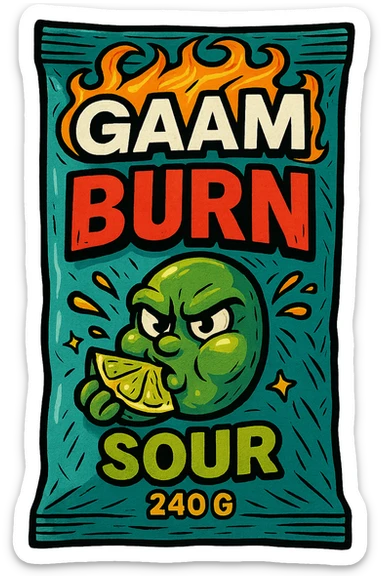 Gaam Burn 240 G Sour, stylized product packaging, digital illustration, no background sticker