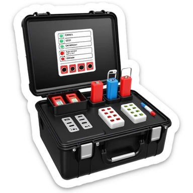 An open, black outdoor test case.Interior: control panel with colored test jacks, USB ports, and a power outlet. A red test probe is located next to it. On the left side of the case is a large roll of white, round test labels displaying QR codes.  sticker