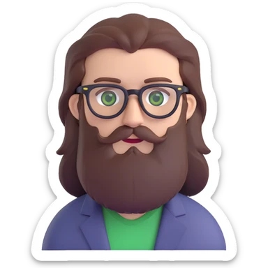white male mid 30s green eyes black square glasses long brown beard with medium brown hair sticker