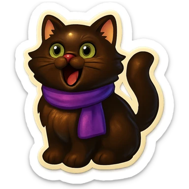 Fluffy meowing cute dark-brown cat with green eyes and a purple scarf  sticker