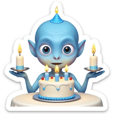 A cute friendly alien holding a birthday cake with candles, big expressive eyes, bright colors, cartoon style, playful atmosphere, 3D animated look, Pixar-inspired, highly detailed
 sticker