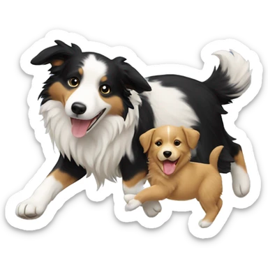 Border collie dog carrying a golden retriever puppy on its back sticker