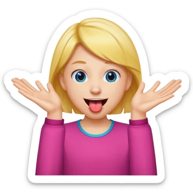 pessoa fazendo careta, com sorriso divertido, língua pra fora e mãos abertas próximas ao rosto sticker