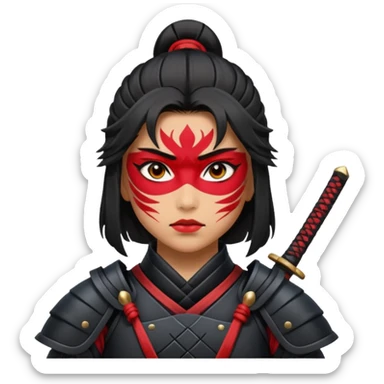 A female samurai with strong posture, black armor plates, and fierce determination. With red war paint markings  sticker