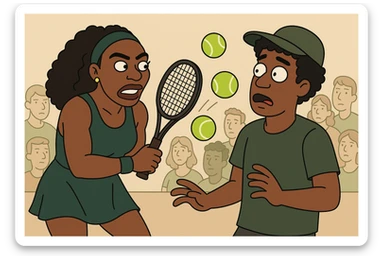 Serena Williams tennis Tennis balls a man black curly hair dark green a hat the people sticker