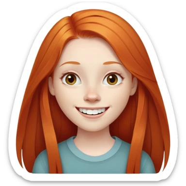 traditional emoji of young girl with very pale skin, long straight bright ginger red hair, elongated oval face, normal-sized human eyes positioned naturally, wide nose, friendly big smile with very large prominent teeth, less intense expression sticker