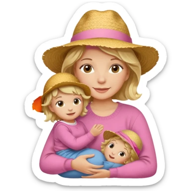 A cheerful wavy short blond hair mom in a straw hat carrying her child, wearing a pink sweater sticker