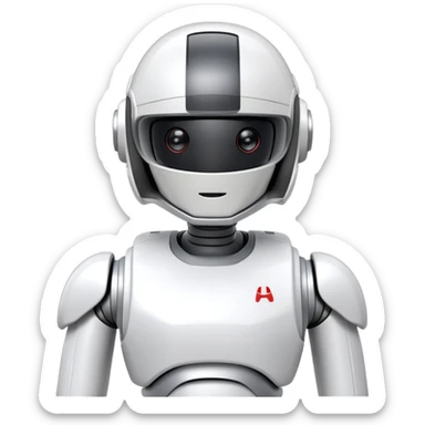 ASIMO robot, white humanoid robot by Honda with helmet-like head sticker