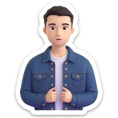young man with short dark hair, wearing a black denim jacket, neutral facial expression sticker