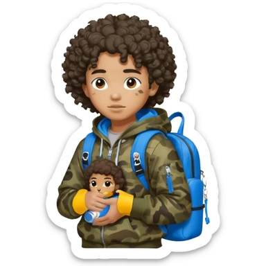 blasian teenager with curly hair, andbape hoodie and sprayground backpack sticker
